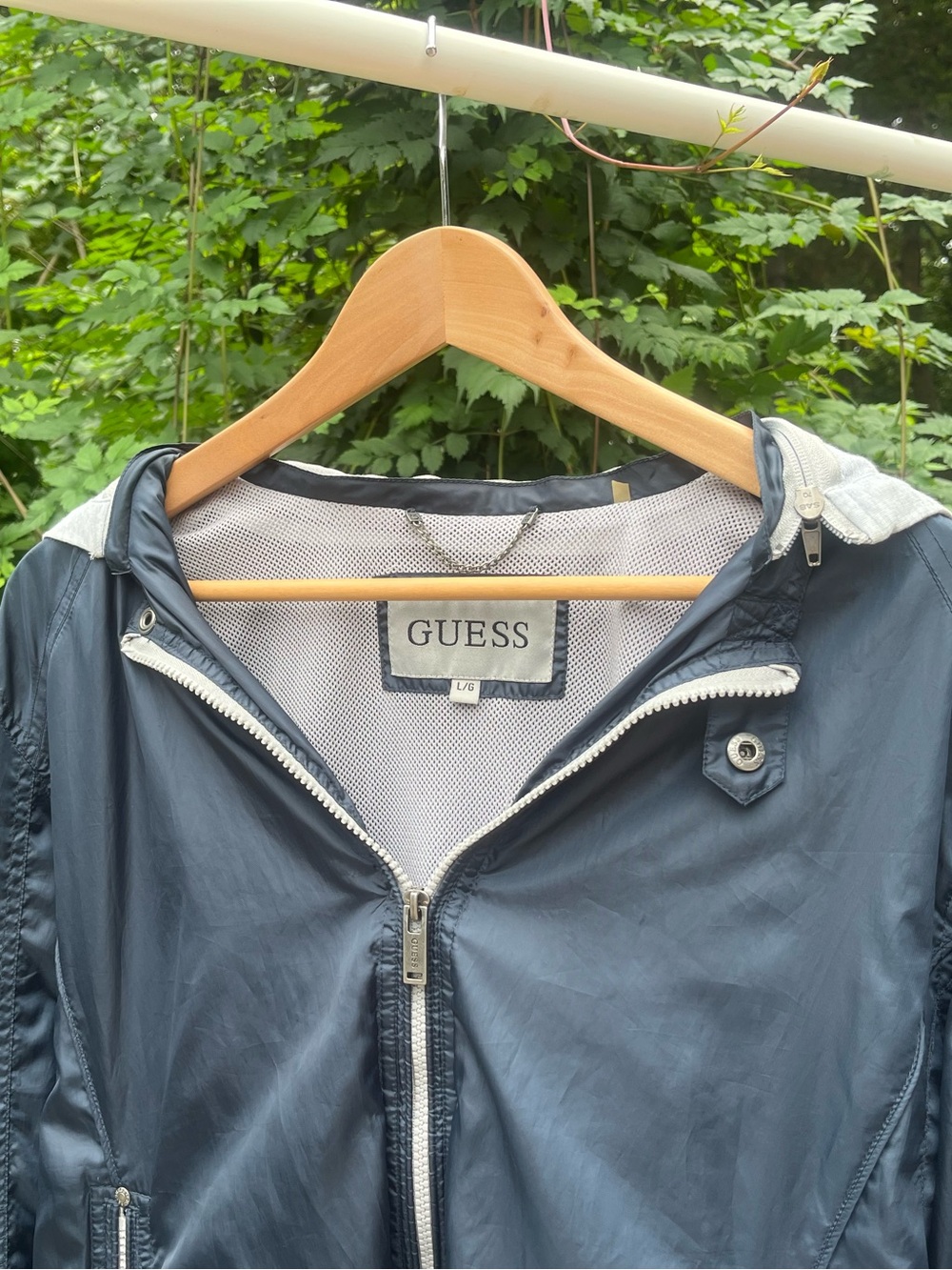GUESS Navy Blue Nylon Bomber Windbreaker Jacket Detachable Hood Mens Large